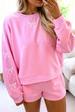 Load image into Gallery viewer, Sachet Pink Girly Bow Embroidered Detail Puff Sleeve Pullover 2pcs Short Set
