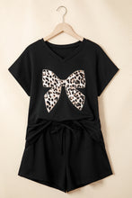Load image into Gallery viewer, Black Contrast Leopard Bow Patched V Neck Loose Tee Drawstring Shorts 2pcs Outfit
