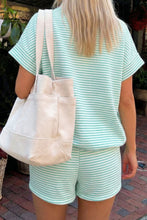 Load image into Gallery viewer, Sky Blue Stripe Cuffed Sleeve Contrast Mock Neck Tee Casual 2pcs Short Set
