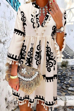 Load image into Gallery viewer, Beige Western Pattern Print Tasseled Notch V Neck Mini Dress
