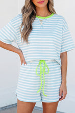 Load image into Gallery viewer, Pink Stripe Contrast Neck Loose Tee and Drawstring Shorts Set

