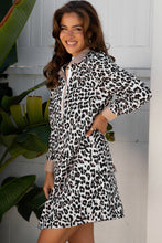 Load image into Gallery viewer, Khaki Button Striped Collar Leopard Print Long Sleeve Flared Dress
