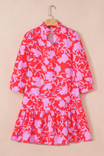 Load image into Gallery viewer, Red Floral Three Quarter Sleeves Ruffle Hem Mini Dress

