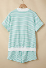 Load image into Gallery viewer, Sky Blue Stripe Cuffed Sleeve Contrast Mock Neck Tee Casual 2pcs Short Set
