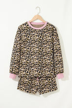 Load image into Gallery viewer, Pink Leopard Print Contrast Edge Long Sleeve Pullover Shorts Set
