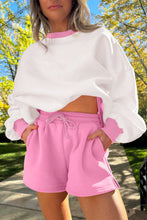 Load image into Gallery viewer, Strawberry Pink Color Block Pullover and Lace-up Elastic Waist Shorts Set
