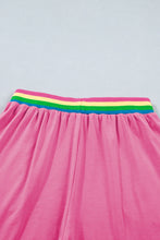 Load image into Gallery viewer, Bright Pink Seam Detail Raw Edge Tee Rainbow Waistband Casual Short Set
