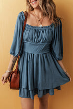 Load image into Gallery viewer, Real Teal Frilled Neckline 3/4 Sleeve Layered Ruched Mini Dress
