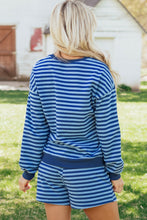 Load image into Gallery viewer, Blue Stripe Drop Shoulder Long Sleeve Pullover Elastic Waist Casual Short Set
