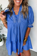 Load image into Gallery viewer, Sky Blue Embroidered Smocked Detail V Neck Short Puff Sleeve Mini Dress
