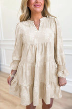 Load image into Gallery viewer, Parchment Long Sleeve Notched Neck Jacquard Tiered Mini Dress
