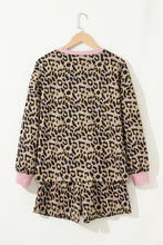 Load image into Gallery viewer, Pink Leopard Print Contrast Edge Long Sleeve Pullover Shorts Set
