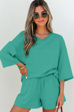 Load image into Gallery viewer, Meadow Mist Green Solid Loose V Neck Half Sleeve Tee and Shorts

