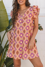 Load image into Gallery viewer, Orange Geometric Floral V Neck Buttoned Ruffled Sleeve Mini Dress
