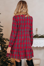 Load image into Gallery viewer, Red Plaid Shirt Collar Half Button Ruffle Hem Long Sleeve Mini Dress
