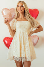 Load image into Gallery viewer, Apricot Sequined Lace Mesh Bubble Sleeve Square Neck Dress
