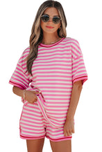 Load image into Gallery viewer, Pink Stripe Contrast Trim Short Sleeve Top Loose Shorts 2pcs Casual Outfit
