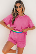 Load image into Gallery viewer, Bright Pink Seam Detail Raw Edge Tee Rainbow Waistband Casual Short Set
