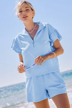 Load image into Gallery viewer, Beau Blue Ribbed Texture Half Zip Ruffled Short Sleeve Top and Shorts Set
