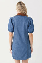 Load image into Gallery viewer, Blue Denim Short Puff Sleeve Color Block Shirt Collar Patchwork Mini Dress
