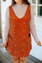 Load image into Gallery viewer, Gold Flame Flower Embroidered Corduroy Overall Mini Dress
