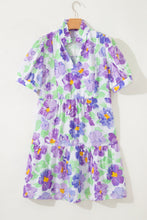 Load image into Gallery viewer, Purple Floral V Collar Short Sleeve Tiered Ruffle Mini Dress
