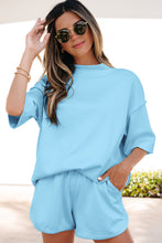 Load image into Gallery viewer, Yellow Cream Solid Color Exposed Seam Mock Neck Oversize Tee Casual Shorts 2pcs Outfit
