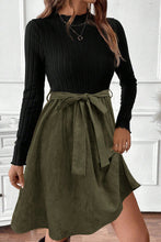 Load image into Gallery viewer, Black Ribbed Knit Slim Bodice Contrast Flared Skirt Patchwork Belted Dress
