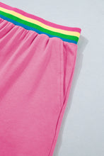 Load image into Gallery viewer, Bright Pink Seam Detail Raw Edge Tee Rainbow Waistband Casual Short Set
