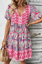 Load image into Gallery viewer, Pink Bohemian Print Tie Neck Ruffle Hem Short Dress
