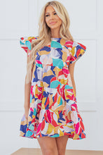 Load image into Gallery viewer, Pink Abstract Printed Ruffled Flutter Sleeve Tiered Mini Dress
