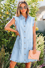 Load image into Gallery viewer, Sail Blue Ruffled Edge Collared Shift Denim Dress with Pockets
