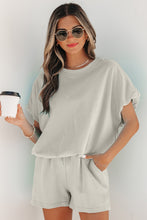 Load image into Gallery viewer, Light Blue Solid Color Puffy Loose Top Drawstring Shorts 2pcs Outfit
