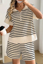 Load image into Gallery viewer, Black Stripe Ribbed Color Block Trim Zip Polo Tee Drawstring Shorts 2pcs Outfit
