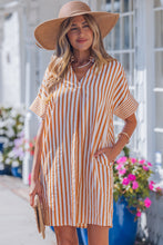 Load image into Gallery viewer, Brown Stripe Pinched V Neck Turn-up Cuffs Shift Mini Dress
