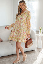 Load image into Gallery viewer, Yellow Floral Print Frilly Trim Smocked Cuff Long Sleeve Loose Shirt Dress
