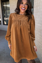 Load image into Gallery viewer, Desert Gold Corduroy Pleated Puff Sleeve Shift Short Dress
