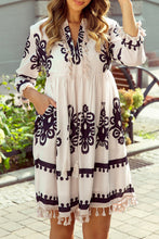 Load image into Gallery viewer, Beige Western Pattern Print Tasseled Notch V Neck Mini Dress
