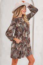 Load image into Gallery viewer, Brown Leopard Ruffled Detail Long Sleeve Loose Mini Dress
