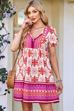 Load image into Gallery viewer, Rose Boho Floral Short Sleeve Lace-up V Neck Mini Dress
