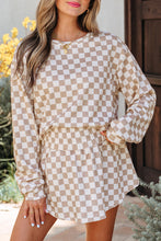 Load image into Gallery viewer, Khaki Checkered Long Sleeve Crop Top High Waist Skort 2pcs Set
