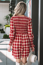 Load image into Gallery viewer, Red Plaid Print Smocked Puff Sleeve Mini Dress
