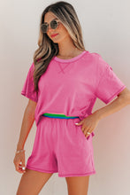 Load image into Gallery viewer, Bright Pink Seam Detail Raw Edge Tee Rainbow Waistband Casual Short Set
