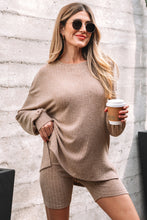 Load image into Gallery viewer, Dark Khaki Ribbed Balloon Sleeve Pullover Top and Biker Knitted Short Set
