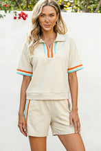 Load image into Gallery viewer, Apricot Colorful Striped Detail Half Zip Polo Tee Loose Shorts Set
