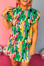 Load image into Gallery viewer, Green Abstract Print Frilled Neck Ruffled Sleeve Mini Dress
