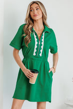 Load image into Gallery viewer, Bright Green Contrast Patchwork Half Zip Elastic Waist Short Sleeve Mini Dress
