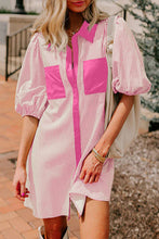 Load image into Gallery viewer, Sky Blue Stripe Color Block Patchwork Shirt Collar Button Down Puff Sleeve Mini Dress
