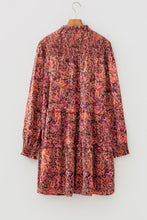 Load image into Gallery viewer, Red Floral Print Long Sleeve Shirred High Neck Loose Mini Dress
