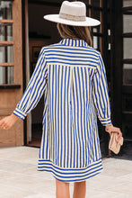 Load image into Gallery viewer, Blue Stripe Collared Half Button Side Pockets Loose Fit Mini Dress
